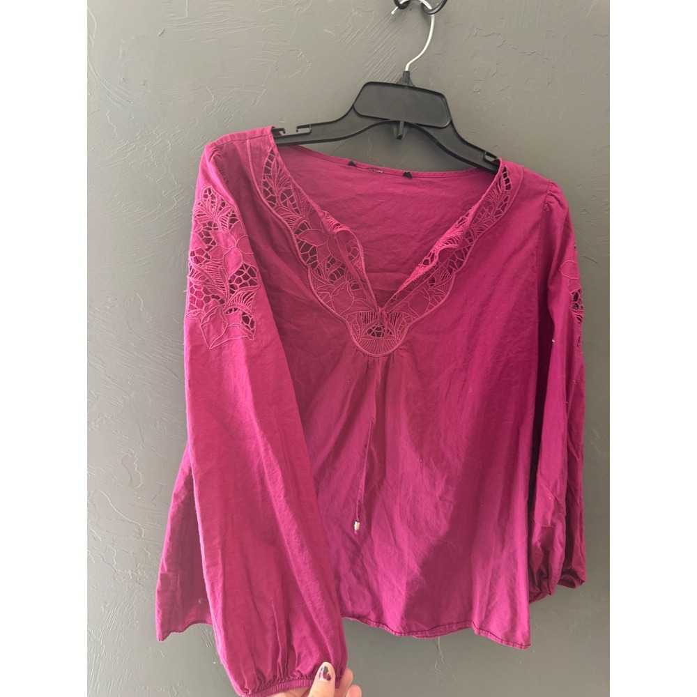 Womens Magenta Cotton Eyelet Embroidery V-Neck Boho Blouse Top Pink Medium